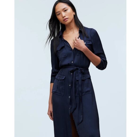 NWT Madewell Satin Button-Front Utility Shirtdress in Deep Indigo Size XXS - Picture 9 of 14